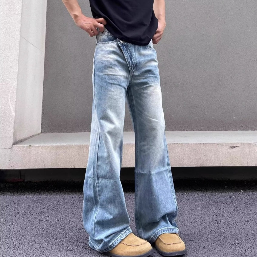 American-style Vintage Fade-washed Blue Straight-leg Jeans