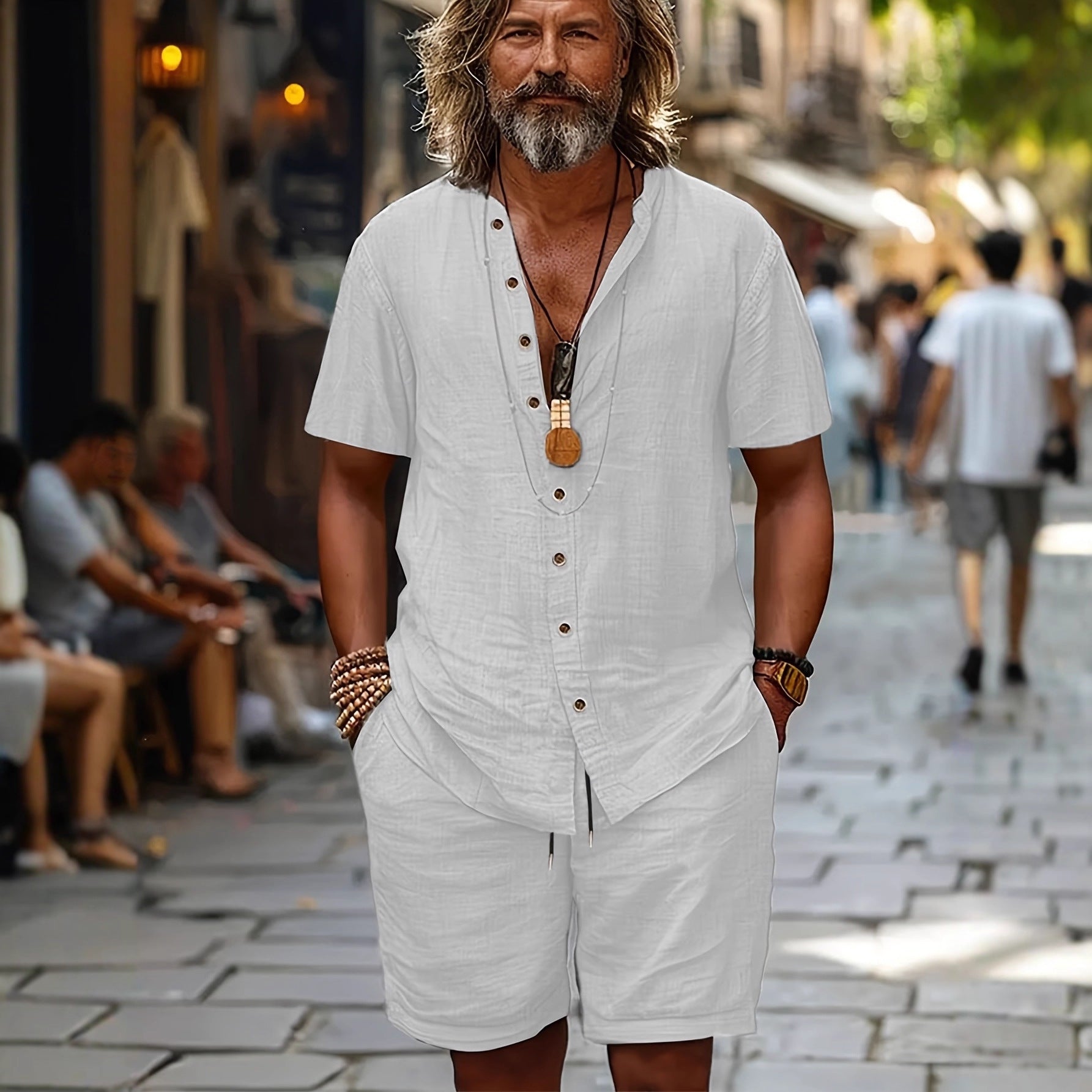 Cotton-linen Short-sleeve Shirt And Loose-fitting Shorts Two-piece Set
