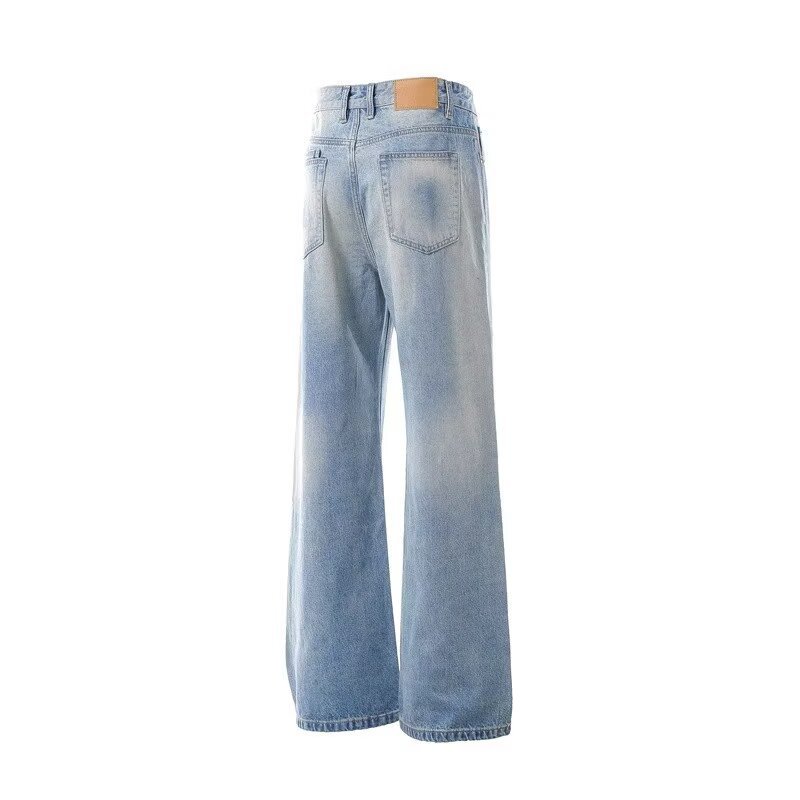 American-style Vintage Fade-washed Blue Straight-leg Jeans